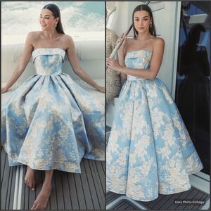 MAC DUGGAL 20726 Blue Strapless Brocade Midi Dress with Pockets